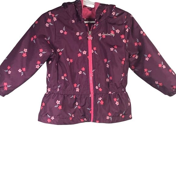 London Fog Jacket Baby Girl Size 24M Hooded Maroon Pink Full Zip Floral - Picture 1 of 5